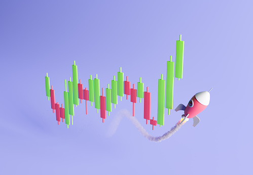 candlestick chart with a rocket rising and leaving a trail of smoke. cryptocurrency concept, investment and success. 3d rendering