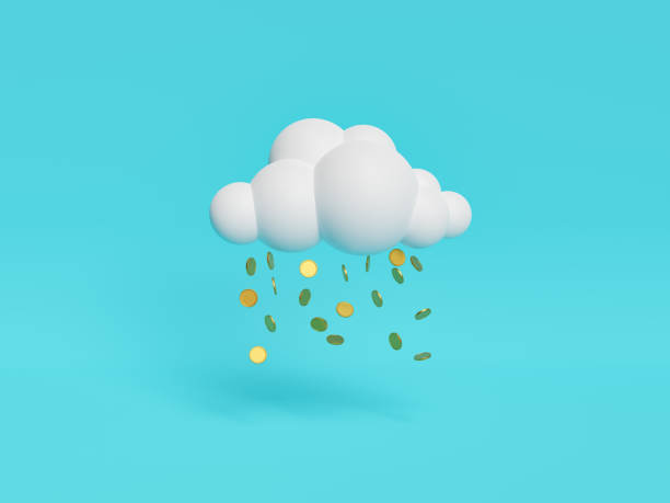 minimal cloud with rain of coins cloud with rain of coins on blue background. minimal concept of investment, success and cryptocurrencies. 3d rendering lluvia stock pictures, royalty-free photos & images