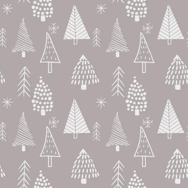 Vector illustration of Seamless scandinavian style patterns from hand drawn stylized Christmas trees. Vector backgrounds for gift wrapping, wallpaper, textile designs