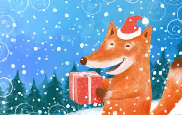 bildbanksillustrationer, clip art samt tecknat material och ikoner med beautiful hand drawn christmas card. fox with a gift on a background of snow and a christmas tree. space for text - red fox snow