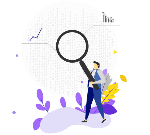 stockillustraties, clipart, cartoons en iconen met analyst looking at digits and diagrams through magnifying glass. - trekzalm