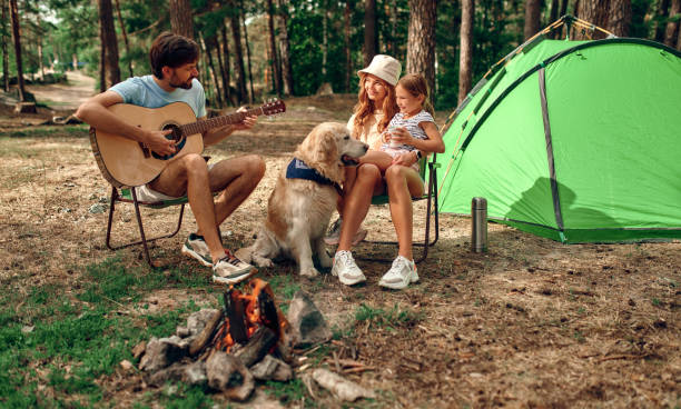 famille avec chien dans la forêt - camping family tent couple photos et images de collection