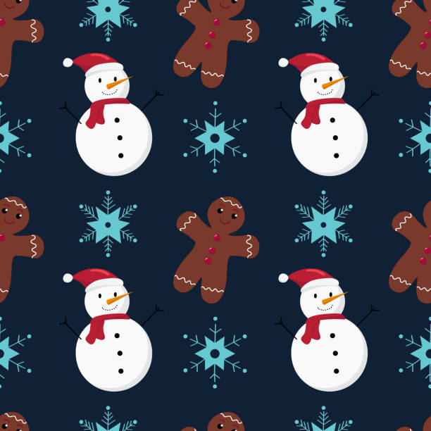 istock Christmas seamless pattern with snowflakes, snowman and gingerbread man on dark blue background 1347923919