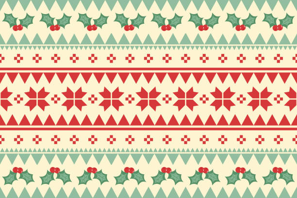 メリークリスマスヴィンテージ民族シームレスなパターンは、ヒイラギの桜と赤の花で飾られています。背景、壁紙、ファブリック、カーペット、ウェブバナー、包装紙のデザイン。刺繍ス� - christmas holly backgrounds pattern点のイラスト素材／クリップアート素材／マンガ素材／アイコン素材