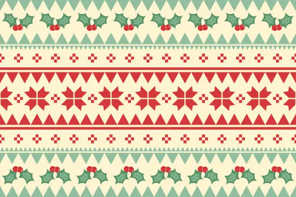 Vector illustration of Merry Christmas vintage ethnic seamless pattern decorated with holly cherry and red flowers. design for background, wallpaper, fabric, carpet, web banner, wrapping paper. embroidery style.