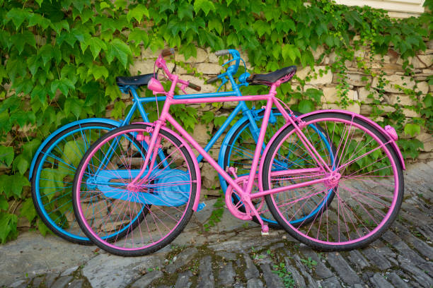istock Two old bicycles, blue and pink 1347930770