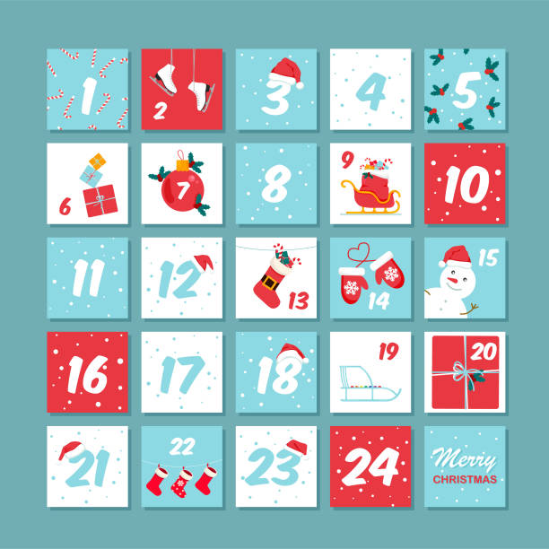 ilustraciones, imágenes clip art, dibujos animados e iconos de stock de calendario de adviento de navidad vectorial. - advent calendar