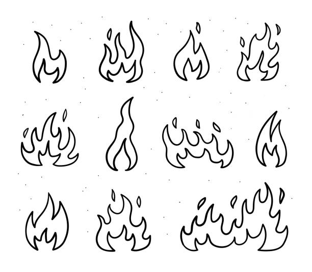 feuern sie symbole im doodle-stil. handgezeichnete flammen. vektorlineare illustration. - feuer stock-grafiken, -clipart, -cartoons und -symbole