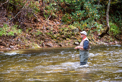 Canton, North Carolina - October 8, 2021:  Fly fishing angler fishing for trout on the Pigeon River in Western North Carolina.