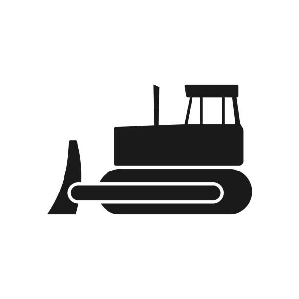 ilustraciones, imágenes clip art, dibujos animados e iconos de stock de icono de bulldozer. silueta negra. dibujo vectorial. perfil. objeto aislado sobre fondo blanco. aislar. - bulldozer dozer construction equipment construction machinery