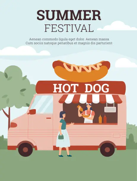 Vector illustration of Summer street food festival banner with hot dog truck, flat vector illustration.