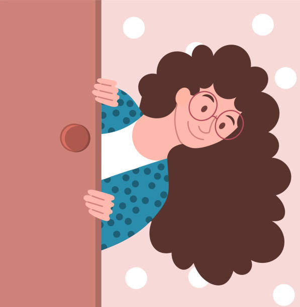 Girl looks out of door Girl looks out of door. Curiosity concept, neighbor spying, interesting event. Monitoring and searching. Spy keeps track of his target. Cartoon flat vector illustration isolated on white background peeking stock illustrations