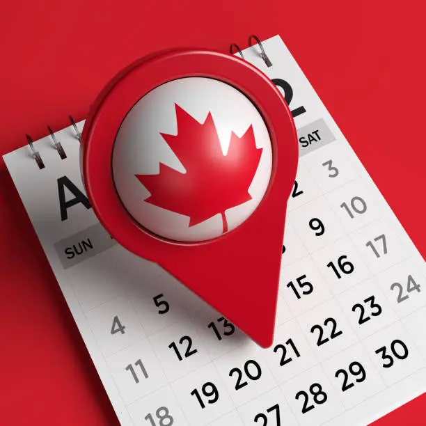 Canadian flag and red-colored map pointer. On red-colored background. Square composition with copy space. Isolated with clipping path.