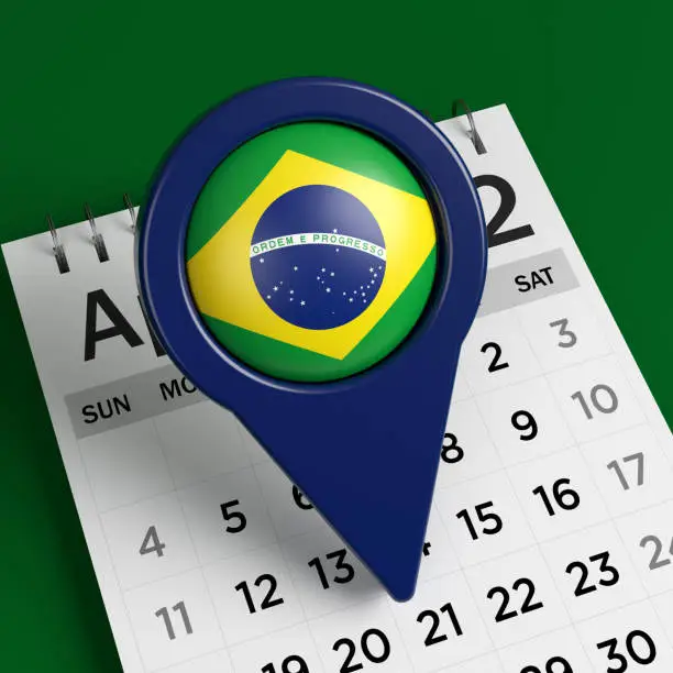 Brazilian flag and navy blue-colored map pointer. On green-colored background. Square composition with copy space. Isolated with clipping path.