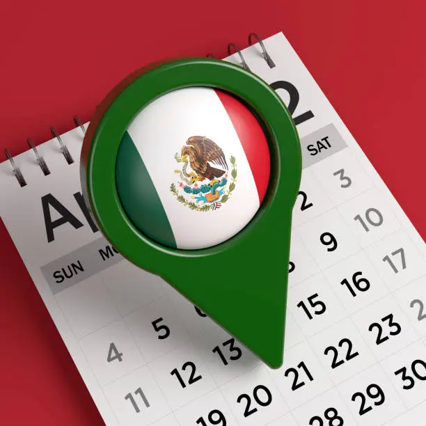 Mexican flag and green-colored map pointer. On red-colored background. Square composition with copy space. Isolated with clipping path.