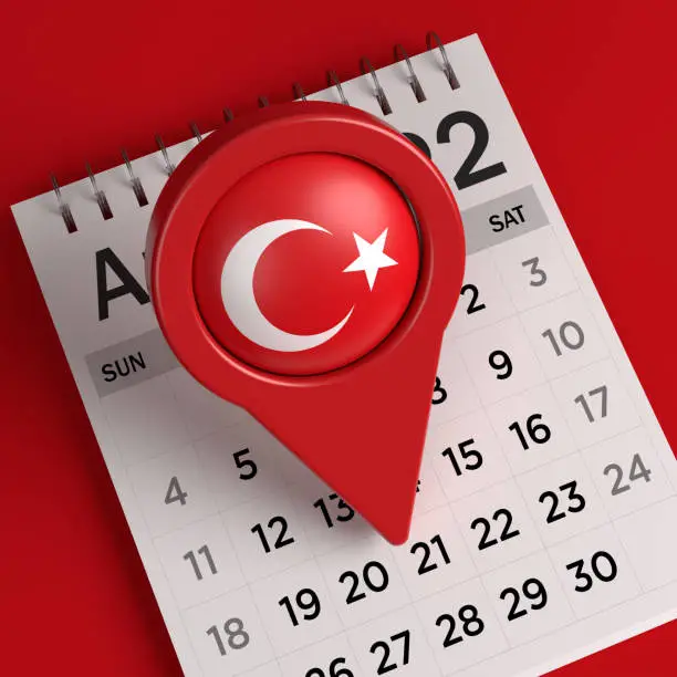 Turkish flag and red-colored map pointer. On red-colored background. Square composition with copy space. Isolated with clipping path.