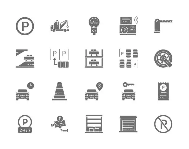 Vector illustration of Set of Car Parking Grey Icons. Tow Truck, Car Wheel Lock, Traffic Cone and more.