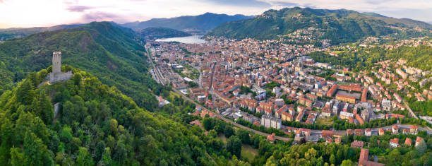 istock Town of Como and Baradello tower aerial panoramic view 1347940737