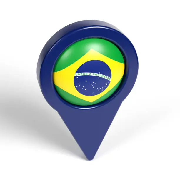 Brazilian flag and navy blue-colored map pointer. On White-colored background. Horizontal composition with copy space. Isolated with clipping path.