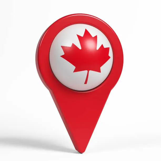 Canadian flag and red-colored map pointer. On White-colored background. Horizontal composition with copy space. Isolated with clipping path.