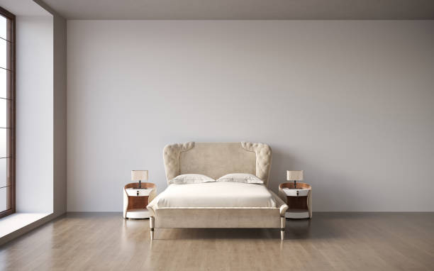 istock 3d visualization of a double bed with bedside tables in a minimalistic interior, 3D illustration, cg render 1347943983