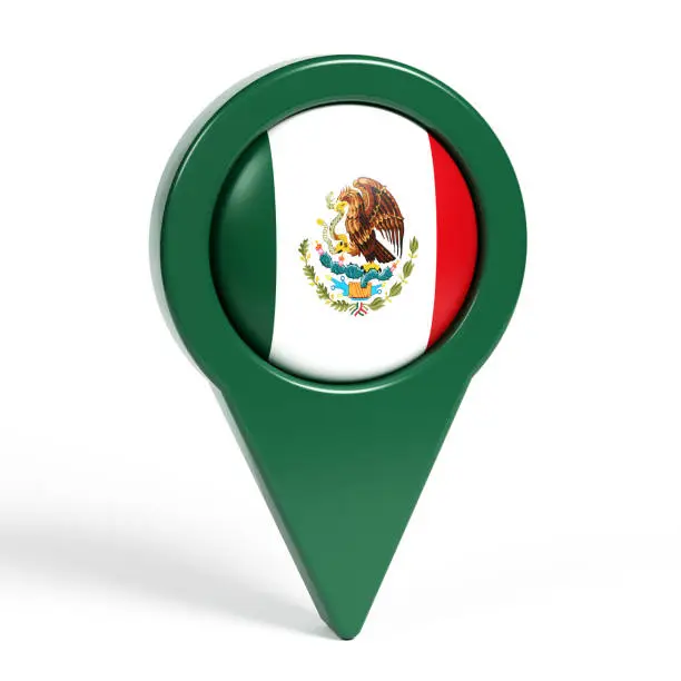 Mexican flag and green-colored map pointer. On White-colored background. Horizontal composition with copy space. Isolated with clipping path.