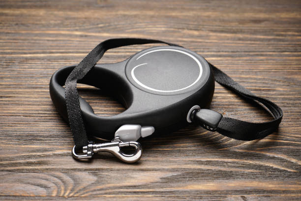 istock Black retractable leash for dogs on a wood background, close-up. 1347944410