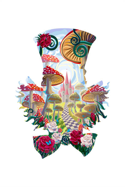 흰색 배경에 미친 모자의 실루엣과 버섯, 아름다운 오래된 성, 빨간색과 흰색 장미와 나비와 환상적인 풍경. 동화 "이상한 나라의 앨리스"에 대한 일러스트레이션 - 정신이상 stock illustrations