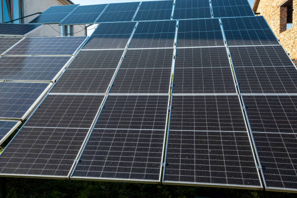 istock Innovation in energy equipment. Solar panels saving environment. Closeup photo 1347950321