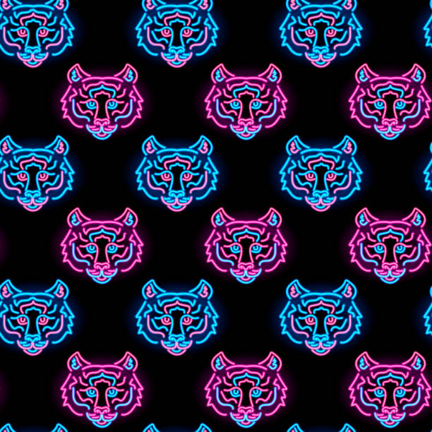 istock Neon tiger face seamless pattern with blue and pink icons on black background. Chinese new year 2022, zodiac sign, wild, Asia concept. Vector 10 EPS illustration. 1347951420