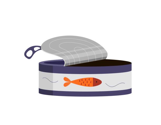 illustrazioni stock, clip art, cartoni animati e icone di tendenza di cibo in scatola, conserve di pesce. illustrazione vettoriale - tuna