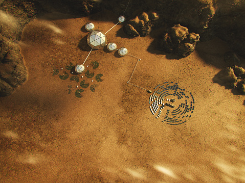 Human base on a new planet, aerial view
