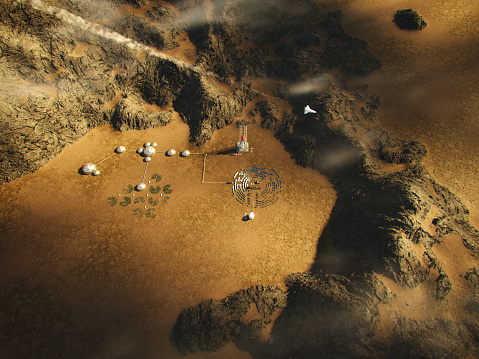 Human base on a new planet, aerial view