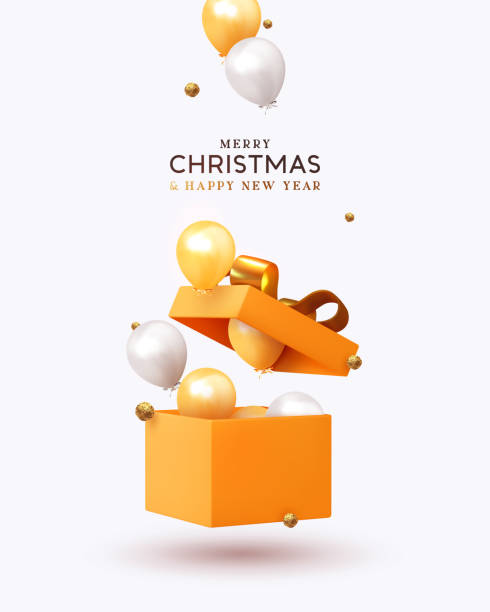 Holiday gifts box Merry Christmas and Happy New Year. Xmas design realistic gifts box, falling helium balloons, 3d golden chocolate candies. Holiday gift background. Poster, banner, brochure, flyer. vector illustration present box stock illustrations