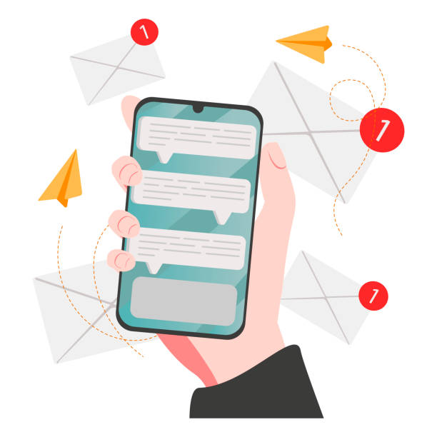 istock Man hold smartphone and type new message. Send emojis to friends. Vector illustration, ideal for websites and startups. Social media addiction, collect likes and feedbacks. 1347956631