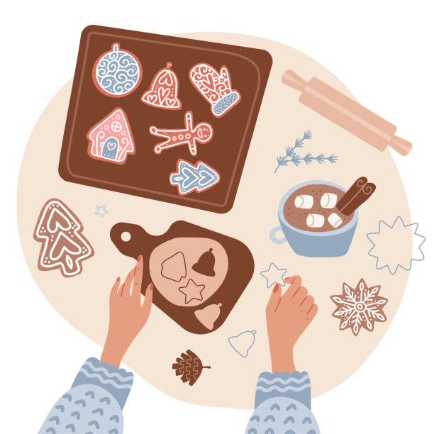ilustrações de stock, clip art, desenhos animados e ícones de sweet christmas homemade bakery. two hands of woman making a dough, rolling and cutting gingerbread on a table - flat lay concept. preparing for the holiday. flat vector illustration. - christmas winter close up table