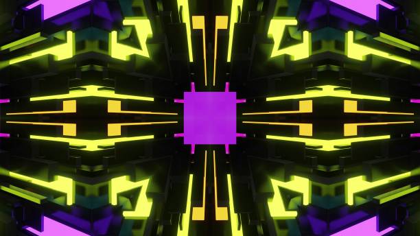 istock 3d render. Science fiction cyberpunk bg with mechanism and neon light. 4k dark background with abstract symmetrical mechanism and neon light. 1347961414