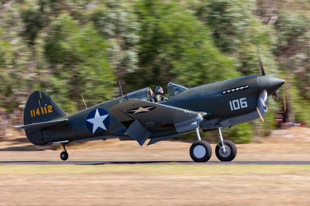 curtiss p-40f kittyhawk kampfflugzeug landet auf dem flughafen tyabb. - kittyhawk stock-fotos und bilder