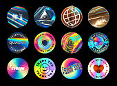 istock Iridescent holographic foil stickers. Holo emblems, round labels and textured foiled circles 1347963149