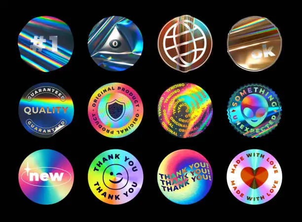 Vector illustration of Iridescent holographic foil stickers. Holo emblems, round labels and textured foiled circles