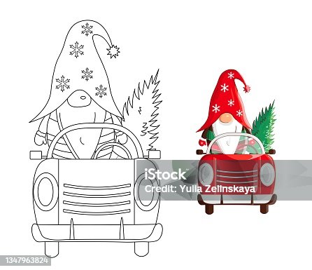 istock Christmas coloring page with gnome in truck 1347963824