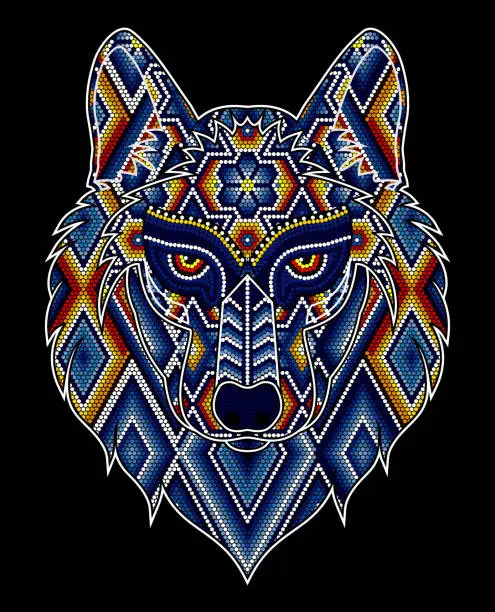 Vector illustration of colorful huichol wolf head