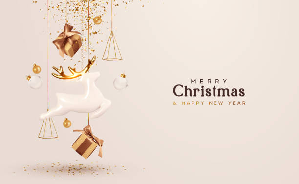 메리 크리스마스와 새해 복 많은 새해. 현실적인 축제 선물 상자와 배경. 아름다운 흰 사슴의 도자기 인형. 선물. 렌더링 3d 개체의 휴일 컴포지션입니다. - christmas ornament christmas decoration white stock illustrations