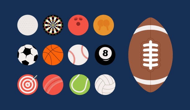 комплект спортивного инвентаря. плоские мультяшные спортивные мячи вектор большой набор изолированный на синем фоне - sport ball sphere competition stock illustrations