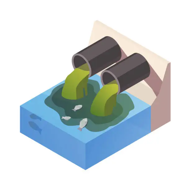 Vector illustration of Dirty Water drain from the pipe polution the river, ocean. Water pollution concept. The danger for the environment. Flat 3d isometric illustration.