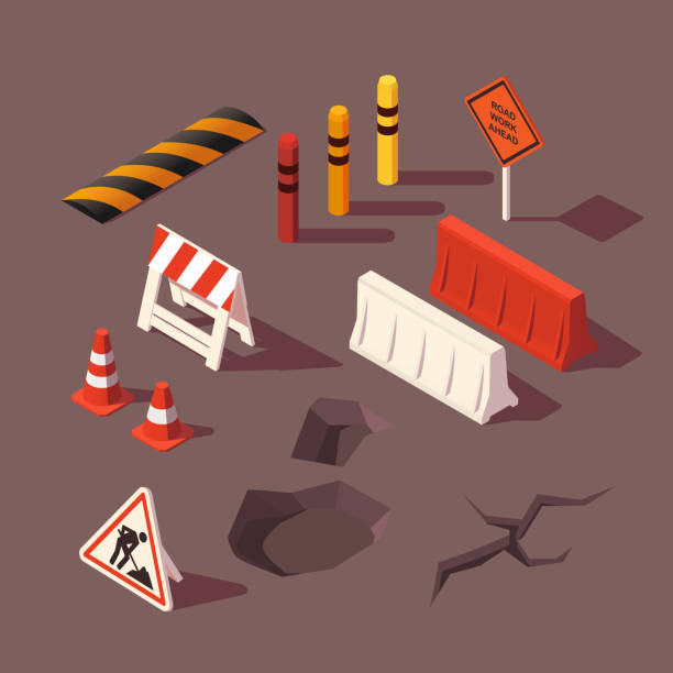 ilustrações de stock, clip art, desenhos animados e ícones de isometric set of road repair for infographics. road work ahead sign. illustration dor 3d sity map. - avenue sign