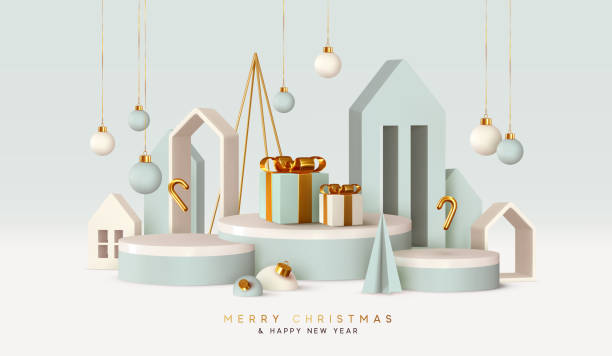 ilustrações de stock, clip art, desenhos animados e ícones de christmas festive winter 3d composition. - christmas house
