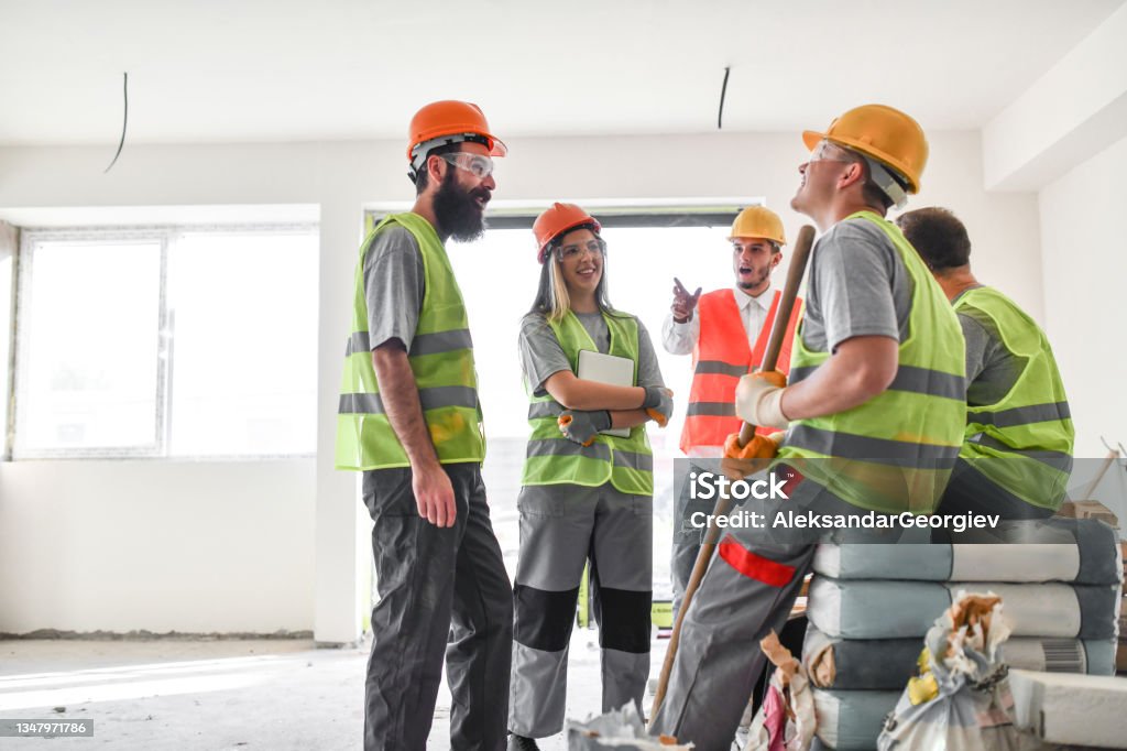 Worksite Break Construction Team Relaxing During Work Break On Site Stock Photo ...