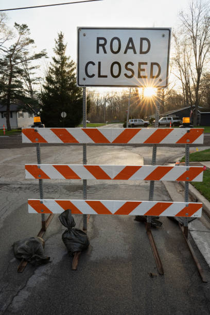 istock Road Closed Sign and Sun Flare 1347971891