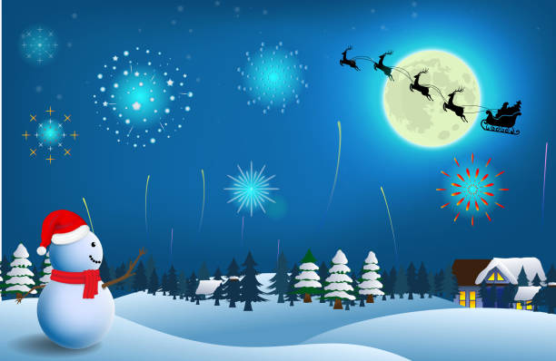 istock set of realistic snowman with fireworks show isolated or cute snowman with santa hat on snowy background. eps vector 1347972025